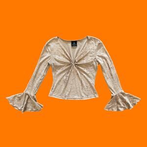 90's vintage crushed velvet bell sleeve bodycon top blouse boho rave MEDIUM